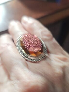 HSN 925 Sparkling Pink Druzy Oval Statement Ring with Amber Facet NWT